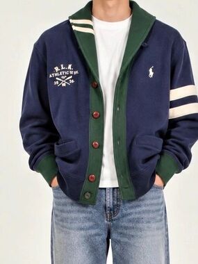 Polo Ralph Lauren Athletic Div Shawl Collar Cardigan Blue & Green Medium